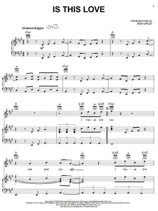 Preview Bob Marley Is This Love Ballad sheet music, notes and chords for Piano, Vocal & Guitar (Right-Hand Melody), SKU: 21771 sheet music, piano notes, chords, guitar tabs, score, transpose, transcribe, how to play, guide, download, learn, tutorial, progression, song, artist, awards, billboard, mtv, vh1, tour, single, album, release