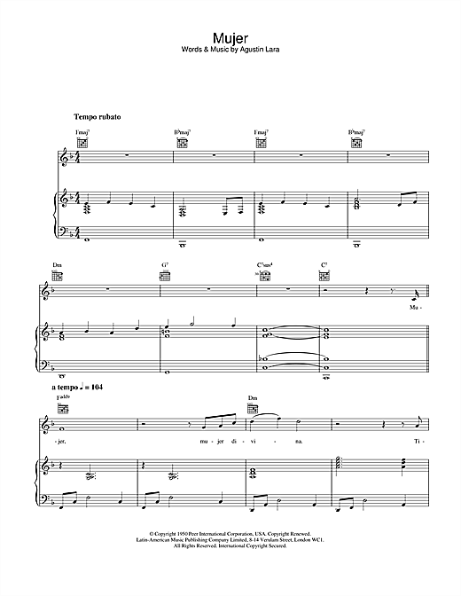 Preview Placido Domingo Mujer Classical sheet music, notes and chords for Piano, Vocal & Guitar, SKU: 21796 sheet music, piano notes, chords, guitar tabs, score, transpose, transcribe, how to play, guide, download, learn, tutorial, progression, song, artist, awards, billboard, mtv, vh1, tour, single, album, release