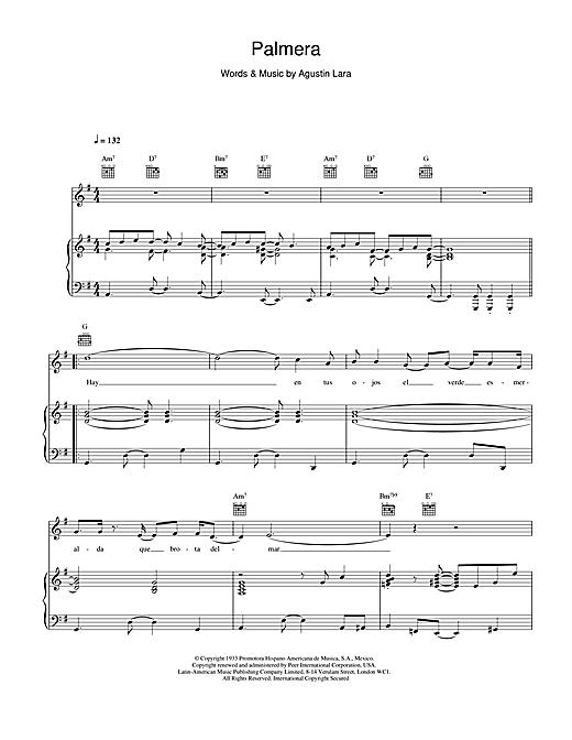 Preview Placido Domingo Palmera Classical sheet music, notes and chords for Piano, Vocal & Guitar, SKU: 21797 Palmera sheet music