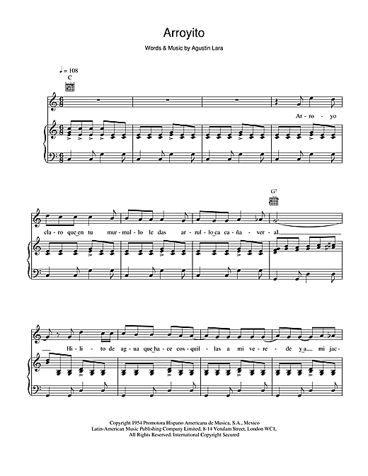 Preview Placido Domingo Arroyito Classical sheet music, notes and chords for Piano, Vocal & Guitar, SKU: 21798 sheet music, piano notes, chords, guitar tabs, score, transpose, transcribe, how to play, guide, download, learn, tutorial, progression, song, artist, awards, billboard, mtv, vh1, tour, single, album, release