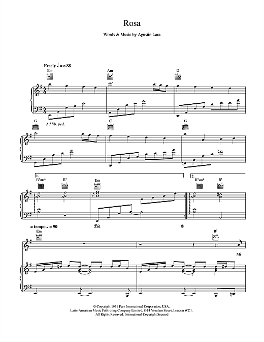 Preview Placido Domingo Rosa Classical sheet music, notes and chords for Piano, Vocal & Guitar, SKU: 21799 Rosa sheet music