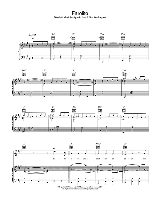 Preview Placido Domingo Farolito Classical sheet music, notes and chords for Piano, Vocal & Guitar, SKU: 21802 Farolito sheet music