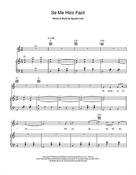 Preview Placido Domingo Se Me Hizo Facil Classical sheet music, notes and chords for Piano, Vocal & Guitar, SKU: 21803 sheet music, piano notes, chords, guitar tabs, score, transpose, transcribe, how to play, guide, download, learn, tutorial, progression, song, artist, awards, billboard, mtv, vh1, tour, single, album, release