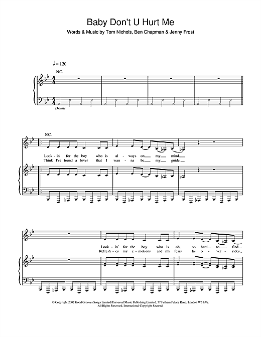 Preview Atomic Kitten Baby Don't U Hurt Me Pop sheet music, notes and chords for Piano, Vocal & Guitar, SKU: 21804 Baby Don't U Hurt Me sheet music