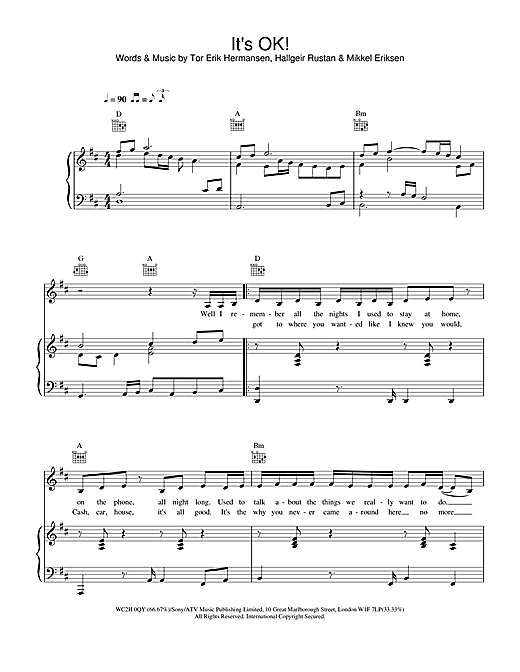 Preview Atomic Kitten It's OK! Pop sheet music, notes and chords for Piano, Vocal & Guitar, SKU: 21806 sheet music, piano notes, chords, guitar tabs, score, transpose, transcribe, how to play, guide, download, learn, tutorial, progression, song, artist, awards, billboard, mtv, vh1, tour, single, album, release