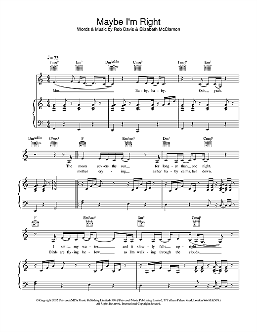 Preview Atomic Kitten Maybe I'm Right Pop sheet music, notes and chords for Piano, Vocal & Guitar, SKU: 21809 sheet music, piano notes, chords, guitar tabs, score, transpose, transcribe, how to play, guide, download, learn, tutorial, progression, song, artist, awards, billboard, mtv, vh1, tour, single, album, release