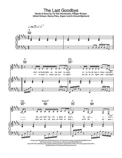 Preview Atomic Kitten The Last Goodbye Pop sheet music, notes and chords for Piano, Vocal & Guitar, SKU: 21811 The Last Goodbye sheet music