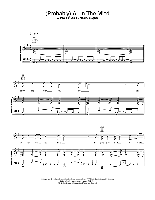 Preview Oasis (Probably) All In The Mind Pop sheet music, notes and chords for Piano, Vocal & Guitar, SKU: 21815 sheet music, piano notes, chords, guitar tabs, score, transpose, transcribe, how to play, guide, download, learn, tutorial, progression, song, artist, awards, billboard, mtv, vh1, tour, single, album, release
