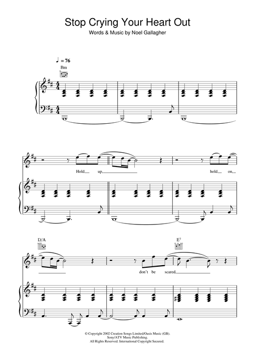 Preview Oasis Stop Crying Your Heart Out Pop sheet music, notes and chords for Piano, Vocal & Guitar, SKU: 21821 sheet music, piano notes, chords, guitar tabs, score, transpose, transcribe, how to play, guide, download, learn, tutorial, progression, song, artist, awards, billboard, mtv, vh1, tour, single, album, release