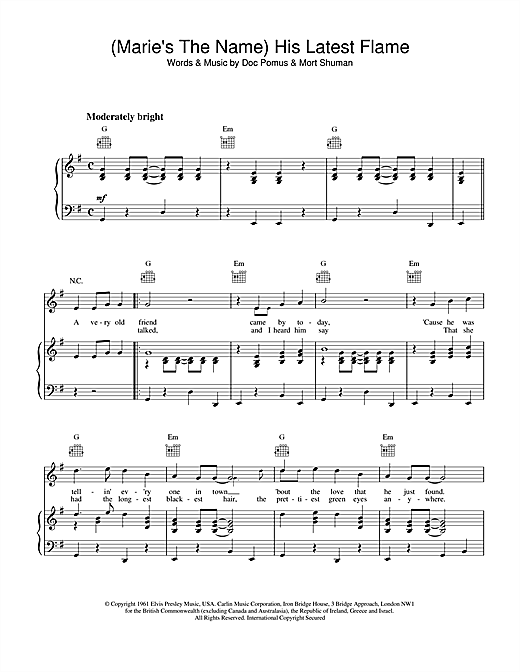 Preview Elvis Presley (Marie's The Name) His Latest Flame Pop sheet music, notes and chords for Piano, Vocal & Guitar (Right-Hand Melody), SKU: 21830 sheet music, piano notes, chords, guitar tabs, score, transpose, transcribe, how to play, guide, download, learn, tutorial, progression, song, artist, awards, billboard, mtv, vh1, tour, single, album, release