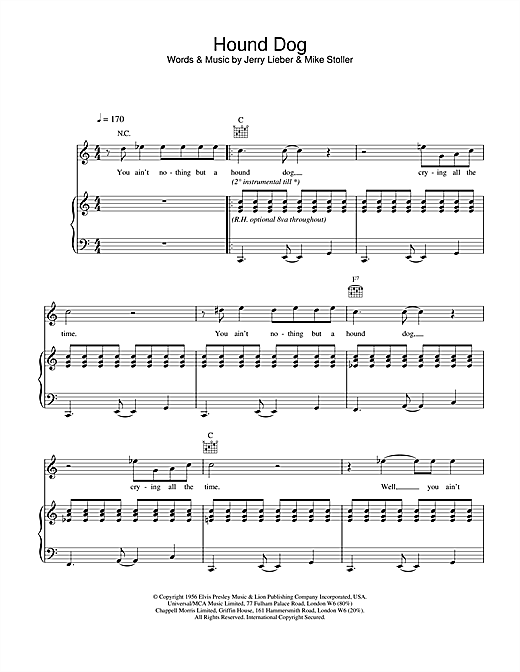 Preview Elvis Presley Hound Dog Pop sheet music, notes and chords for Piano, Vocal & Guitar, SKU: 21831 sheet music, piano notes, chords, guitar tabs, score, transpose, transcribe, how to play, guide, download, learn, tutorial, progression, song, artist, awards, billboard, mtv, vh1, tour, single, album, release