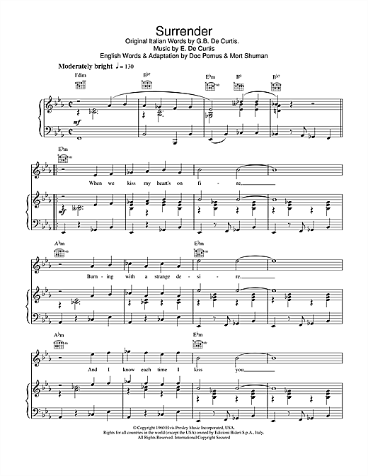 Preview Elvis Presley Surender Pop sheet music, notes and chords for Piano, Vocal & Guitar (Right-Hand Melody), SKU: 21837 Surender sheet music