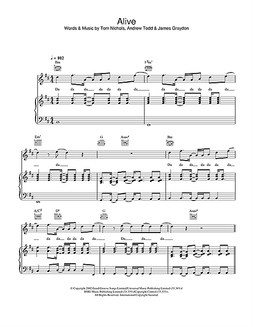 Preview Gareth Gates Alive Pop sheet music, notes and chords for Piano, Vocal & Guitar, SKU: 21842 sheet music, piano notes, chords, guitar tabs, score, transpose, transcribe, how to play, guide, download, learn, tutorial, progression, song, artist, awards, billboard, mtv, vh1, tour, single, album, release