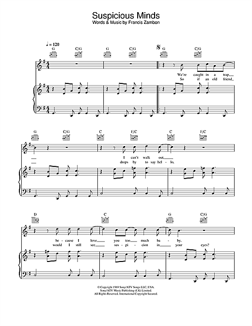 Preview Gareth Gates Suspicious Minds Pop sheet music, notes and chords for Piano, Vocal & Guitar, SKU: 21848 sheet music, piano notes, chords, guitar tabs, score, transpose, transcribe, how to play, guide, download, learn, tutorial, progression, song, artist, awards, billboard, mtv, vh1, tour, single, album, release