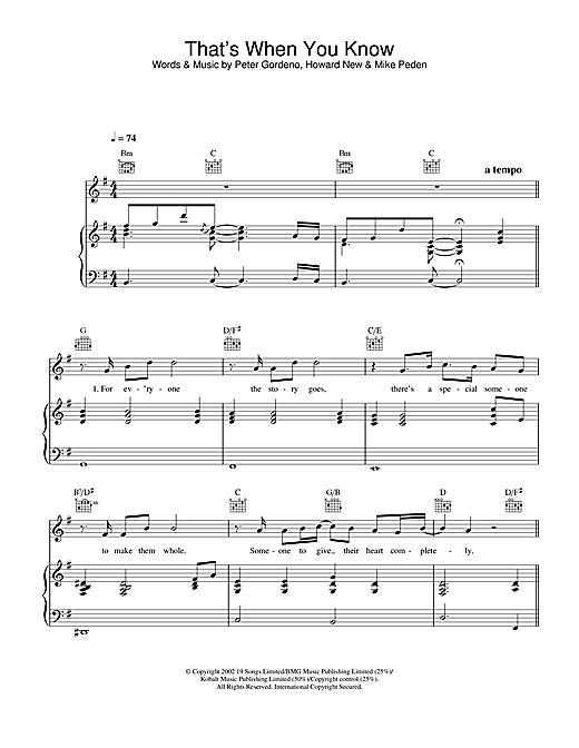 Preview Gareth Gates That's When You Know Pop sheet music, notes and chords for Piano, Vocal & Guitar, SKU: 21850 sheet music, piano notes, chords, guitar tabs, score, transpose, transcribe, how to play, guide, download, learn, tutorial, progression, song, artist, awards, billboard, mtv, vh1, tour, single, album, release