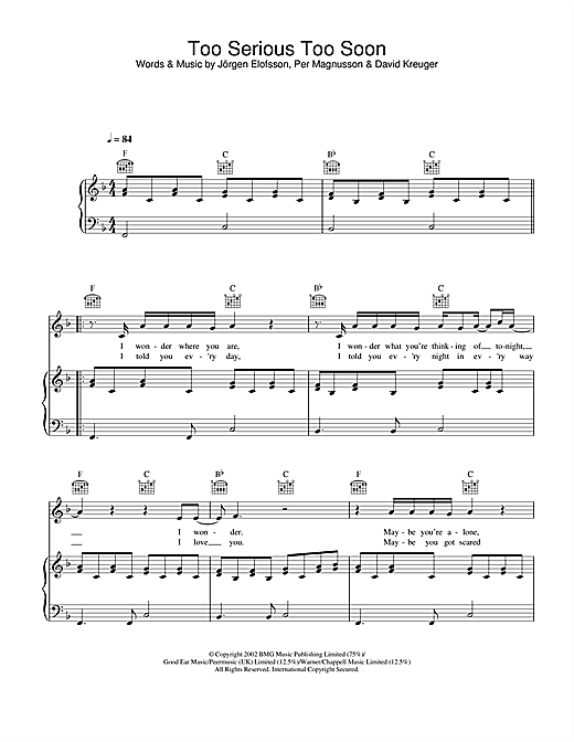 Preview Gareth Gates Too Serious Too Soon Pop sheet music, notes and chords for Piano, Vocal & Guitar, SKU: 21851 sheet music, piano notes, chords, guitar tabs, score, transpose, transcribe, how to play, guide, download, learn, tutorial, progression, song, artist, awards, billboard, mtv, vh1, tour, single, album, release