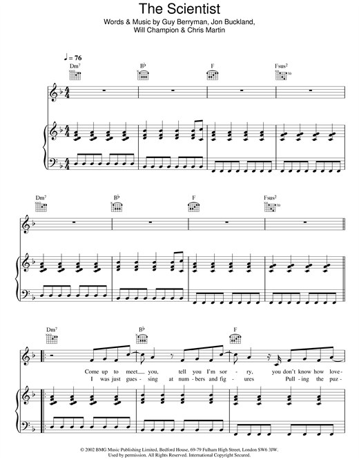 Preview Coldplay The Scientist Pop sheet music, notes and chords for Piano, Vocal & Guitar, SKU: 21857 sheet music, piano notes, chords, guitar tabs, score, transpose, transcribe, how to play, guide, download, learn, tutorial, progression, song, artist, awards, billboard, mtv, vh1, tour, single, album, release