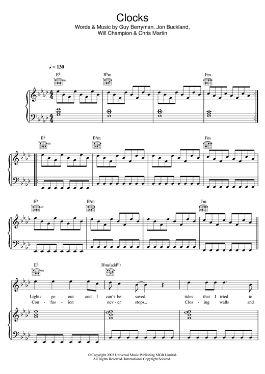 Preview Coldplay Clocks Pop sheet music, notes and chords for Piano, Vocal & Guitar, SKU: 21864 sheet music, piano notes, chords, guitar tabs, score, transpose, transcribe, how to play, guide, download, learn, tutorial, progression, song, artist, awards, billboard, mtv, vh1, tour, single, album, release