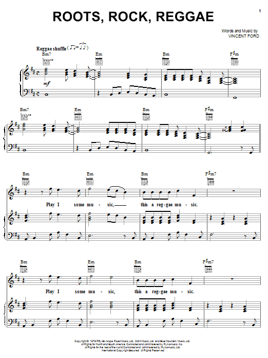 Preview Bob Marley Roots, Rock, Reggae Reggae sheet music, notes and chords for Piano, Vocal & Guitar (Right-Hand Melody), SKU: 21867 sheet music, piano notes, chords, guitar tabs, score, transpose, transcribe, how to play, guide, download, learn, tutorial, progression, song, artist, awards, billboard, mtv, vh1, tour, single, album, release