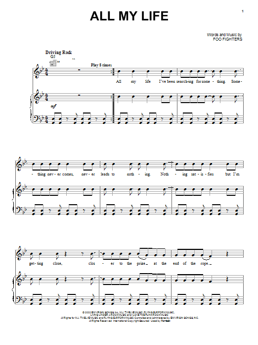 Preview Foo Fighters All My Life Pop sheet music, notes and chords for Piano, Vocal & Guitar (Right-Hand Melody), SKU: 21868 sheet music, piano notes, chords, guitar tabs, score, transpose, transcribe, how to play, guide, download, learn, tutorial, progression, song, artist, awards, billboard, mtv, vh1, tour, single, album, release