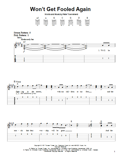 Preview The Who Won't Get Fooled Again Rock sheet music, notes and chords for Easy Guitar, SKU: 21871 sheet music, piano notes, chords, guitar tabs, score, transpose, transcribe, how to play, guide, download, learn, tutorial, progression, song, artist, awards, billboard, mtv, vh1, tour, single, album, release