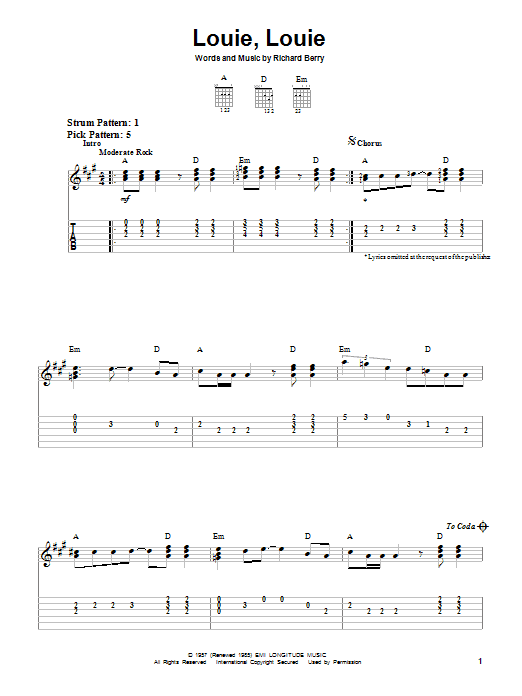 Preview The Kingsmen Louie, Louie Film and TV sheet music, notes and chords for Easy Guitar Tab, SKU: 21878 sheet music, piano notes, chords, guitar tabs, score, transpose, transcribe, how to play, guide, download, learn, tutorial, progression, song, artist, awards, billboard, mtv, vh1, tour, single, album, release