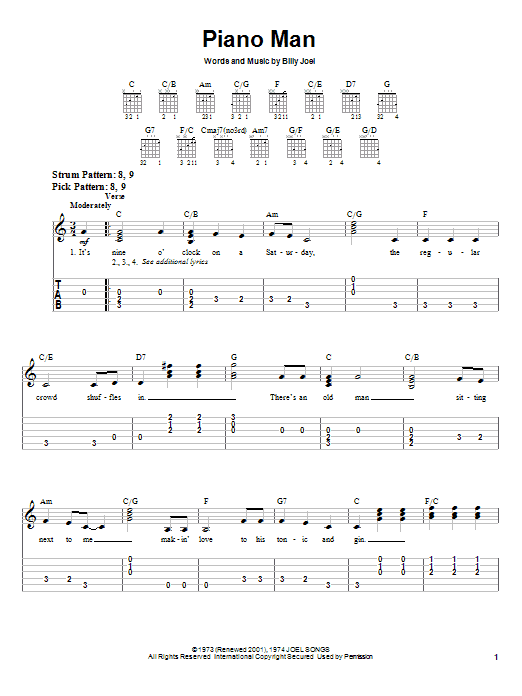 Preview Billy Joel Piano Man Pop sheet music, notes and chords for Easy Guitar, SKU: 21882 sheet music, piano notes, chords, guitar tabs, score, transpose, transcribe, how to play, guide, download, learn, tutorial, progression, song, artist, awards, billboard, mtv, vh1, tour, single, album, release