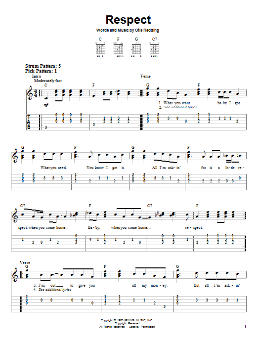 Preview Otis Redding Respect Film and TV sheet music, notes and chords for Easy Guitar Tab, SKU: 21883 sheet music, piano notes, chords, guitar tabs, score, transpose, transcribe, how to play, guide, download, learn, tutorial, progression, song, artist, awards, billboard, mtv, vh1, tour, single, album, release