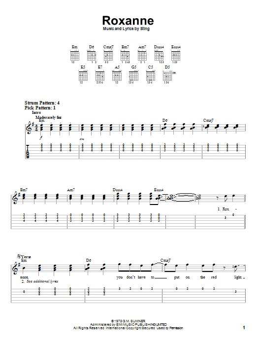 Preview The Police Roxanne Rock sheet music, notes and chords for Easy Guitar, SKU: 21884 sheet music, piano notes, chords, guitar tabs, score, transpose, transcribe, how to play, guide, download, learn, tutorial, progression, song, artist, awards, billboard, mtv, vh1, tour, single, album, release