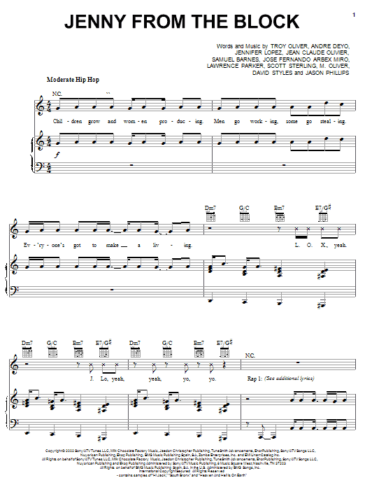 Preview Jennifer Lopez Jenny From The Block (feat. Jadakiss & Styles) Pop sheet music, notes and chords for Piano, Vocal & Guitar (Right-Hand Melody), SKU: 21893 sheet music, piano notes, chords, guitar tabs, score, transpose, transcribe, how to play, guide, download, learn, tutorial, progression, song, artist, awards, billboard, mtv, vh1, tour, single, album, release