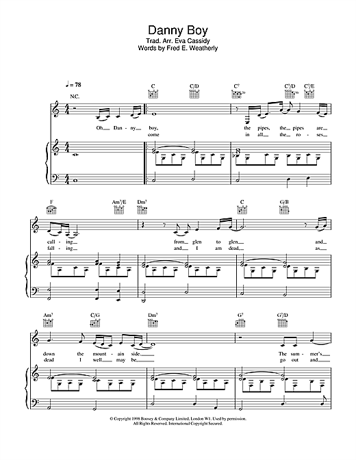 Preview Eva Cassidy Danny Boy (Londonderry Air) Traditional sheet music, notes and chords for Piano, Vocal & Guitar, SKU: 21895 sheet music, piano notes, chords, guitar tabs, score, transpose, transcribe, how to play, guide, download, learn, tutorial, progression, song, artist, awards, billboard, mtv, vh1, tour, single, album, release