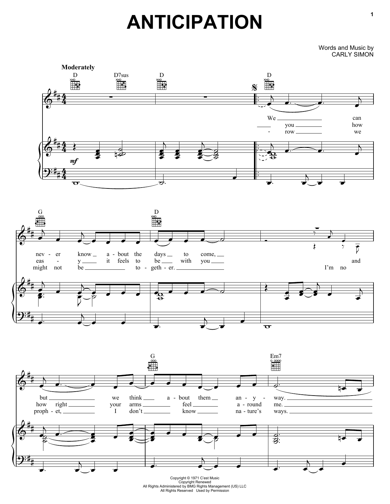 Preview Carly Simon Anticipation Country sheet music, notes and chords for Piano, Vocal & Guitar (Right-Hand Melody), SKU: 21909 sheet music, piano notes, chords, guitar tabs, score, transpose, transcribe, how to play, guide, download, learn, tutorial, progression, song, artist, awards, billboard, mtv, vh1, tour, single, album, release