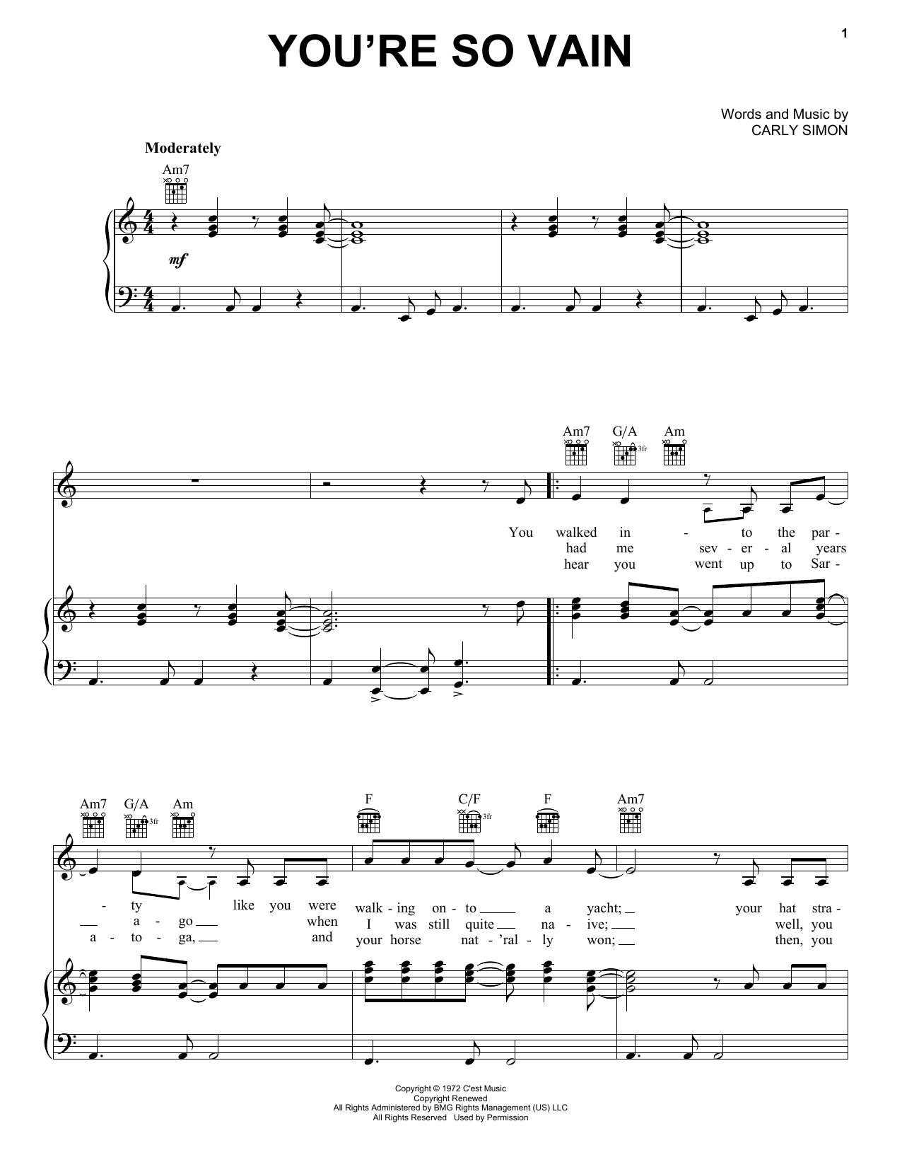 Preview Carly Simon You're So Vain Pop sheet music, notes and chords for Piano, Vocal & Guitar (Right-Hand Melody), SKU: 21910 sheet music, piano notes, chords, guitar tabs, score, transpose, transcribe, how to play, guide, download, learn, tutorial, progression, song, artist, awards, billboard, mtv, vh1, tour, single, album, release