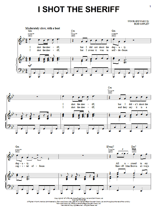 Preview Eric Clapton I Shot The Sheriff Pop sheet music, notes and chords for Piano, Vocal & Guitar (Right-Hand Melody), SKU: 21912 sheet music, piano notes, chords, guitar tabs, score, transpose, transcribe, how to play, guide, download, learn, tutorial, progression, song, artist, awards, billboard, mtv, vh1, tour, single, album, release