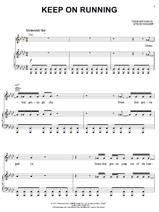 Preview Stevie Wonder Keep On Running Pop sheet music, notes and chords for Piano, Vocal & Guitar (Right-Hand Melody), SKU: 21928 sheet music, piano notes, chords, guitar tabs, score, transpose, transcribe, how to play, guide, download, learn, tutorial, progression, song, artist, awards, billboard, mtv, vh1, tour, single, album, release
