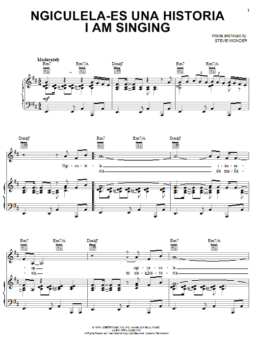 Preview Stevie Wonder Ngiculela-Es Una Historia I Am Singing Pop sheet music, notes and chords for Piano, Vocal & Guitar (Right-Hand Melody), SKU: 21932 sheet music, piano notes, chords, guitar tabs, score, transpose, transcribe, how to play, guide, download, learn, tutorial, progression, song, artist, awards, billboard, mtv, vh1, tour, single, album, release