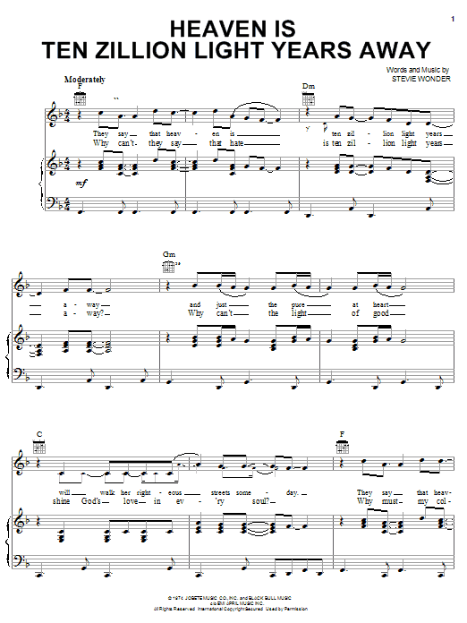 Preview Stevie Wonder Heaven Is Ten Zillion Light Years Away Pop sheet music, notes and chords for Piano, Vocal & Guitar (Right-Hand Melody), SKU: 21944 sheet music, piano notes, chords, guitar tabs, score, transpose, transcribe, how to play, guide, download, learn, tutorial, progression, song, artist, awards, billboard, mtv, vh1, tour, single, album, release