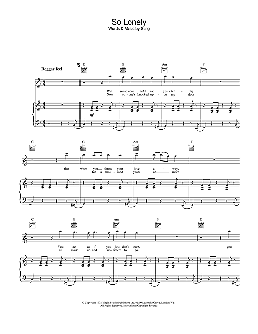 Preview The Police So Lonely Rock sheet music, notes and chords for Piano, Vocal & Guitar, SKU: 21956 sheet music, piano notes, chords, guitar tabs, score, transpose, transcribe, how to play, guide, download, learn, tutorial, progression, song, artist, awards, billboard, mtv, vh1, tour, single, album, release