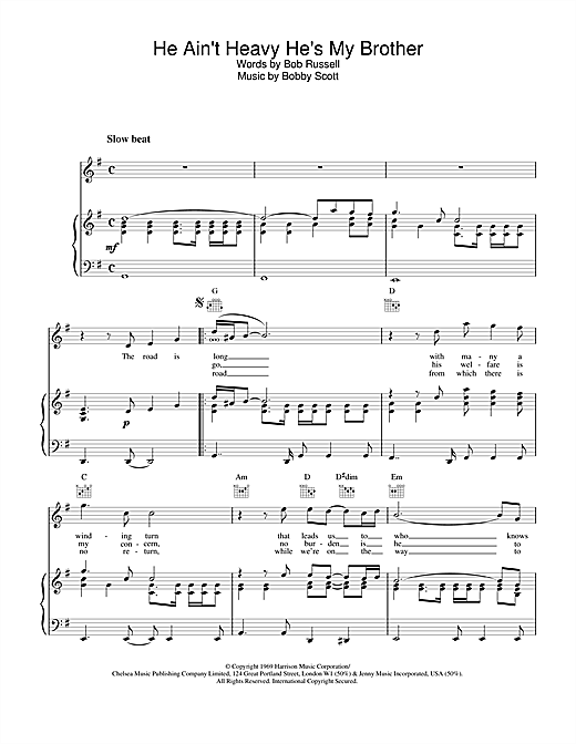 Preview The Hollies He Ain't Heavy, He's My Brother Pop sheet music, notes and chords for Piano, Vocal & Guitar (Right-Hand Melody), SKU: 21961 sheet music, piano notes, chords, guitar tabs, score, transpose, transcribe, how to play, guide, download, learn, tutorial, progression, song, artist, awards, billboard, mtv, vh1, tour, single, album, release