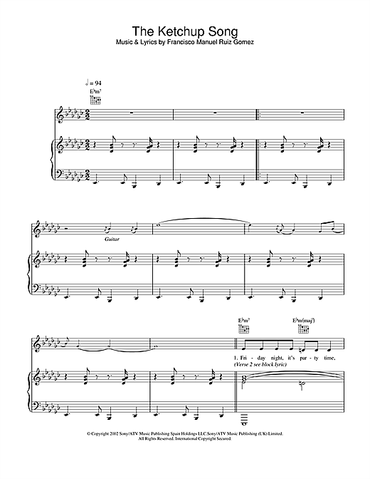 Preview Las Ketchup The Ketchup Song Pop sheet music, notes and chords for Piano, Vocal & Guitar, SKU: 21963 The Ketchup Song sheet music