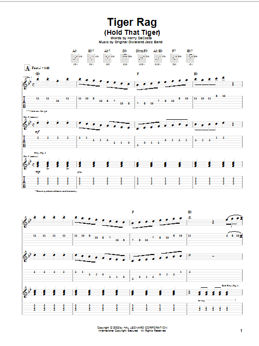 Preview Harry DeCosta Tiger Rag (Hold That Tiger) Country sheet music, notes and chords for Guitar Tab, SKU: 21973 sheet music, piano notes, chords, guitar tabs, score, transpose, transcribe, how to play, guide, download, learn, tutorial, progression, song, artist, awards, billboard, mtv, vh1, tour, single, album, release