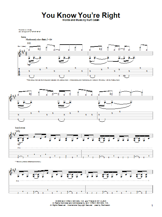 Preview Nirvana You Know You're Right Pop sheet music, notes and chords for Guitar Tab, SKU: 21985 sheet music, piano notes, chords, guitar tabs, score, transpose, transcribe, how to play, guide, download, learn, tutorial, progression, song, artist, awards, billboard, mtv, vh1, tour, single, album, release