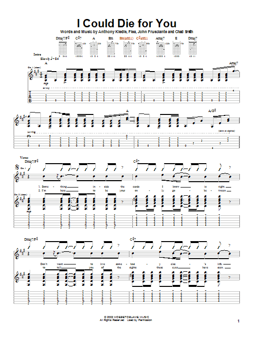Preview Red Hot Chili Peppers I Could Die For You Rock sheet music, notes and chords for Guitar Tab, SKU: 21996 sheet music, piano notes, chords, guitar tabs, score, transpose, transcribe, how to play, guide, download, learn, tutorial, progression, song, artist, awards, billboard, mtv, vh1, tour, single, album, release