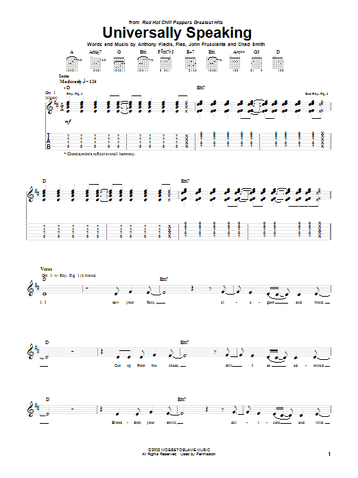 Preview Red Hot Chili Peppers Universally Speaking Rock sheet music, notes and chords for Guitar Tab, SKU: 22004 sheet music, piano notes, chords, guitar tabs, score, transpose, transcribe, how to play, guide, download, learn, tutorial, progression, song, artist, awards, billboard, mtv, vh1, tour, single, album, release