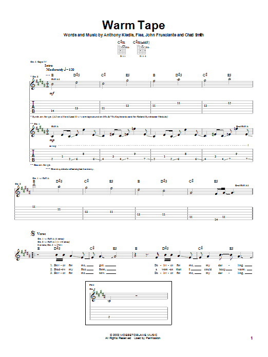 Preview Red Hot Chili Peppers Warm Tape Rock sheet music, notes and chords for Guitar Tab, SKU: 22006 sheet music, piano notes, chords, guitar tabs, score, transpose, transcribe, how to play, guide, download, learn, tutorial, progression, song, artist, awards, billboard, mtv, vh1, tour, single, album, release