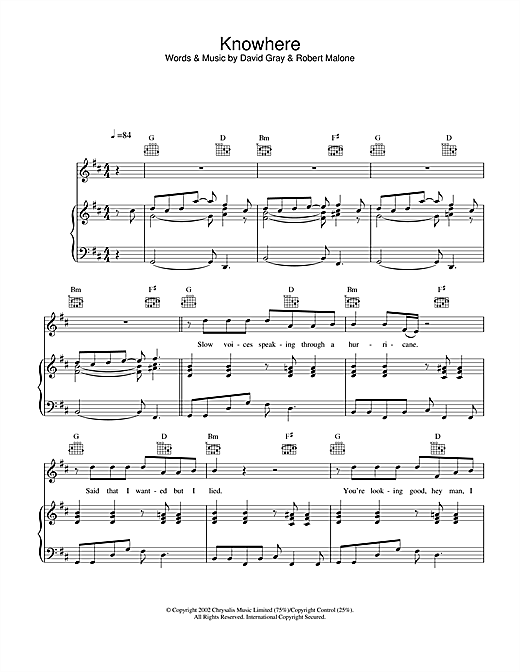 Preview David Gray Knowhere Pop sheet music, notes and chords for Piano, Vocal & Guitar, SKU: 22015 sheet music, piano notes, chords, guitar tabs, score, transpose, transcribe, how to play, guide, download, learn, tutorial, progression, song, artist, awards, billboard, mtv, vh1, tour, single, album, release