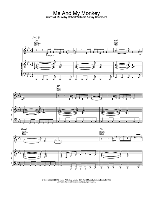 Preview Robbie Williams Me And My Monkey Pop sheet music, notes and chords for Piano, Vocal & Guitar, SKU: 22020 sheet music, piano notes, chords, guitar tabs, score, transpose, transcribe, how to play, guide, download, learn, tutorial, progression, song, artist, awards, billboard, mtv, vh1, tour, single, album, release