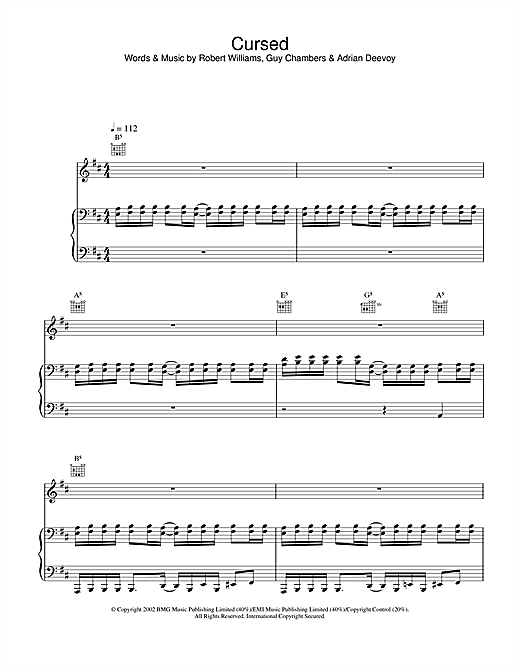 Preview Robbie Williams Cursed Pop sheet music, notes and chords for Piano, Vocal & Guitar, SKU: 22023 sheet music, piano notes, chords, guitar tabs, score, transpose, transcribe, how to play, guide, download, learn, tutorial, progression, song, artist, awards, billboard, mtv, vh1, tour, single, album, release