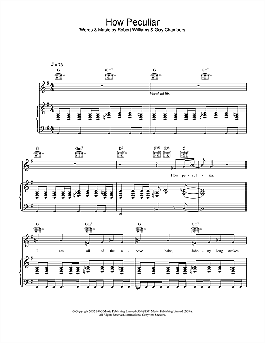 Preview Robbie Williams How Peculiar Pop sheet music, notes and chords for Piano, Vocal & Guitar, SKU: 22027 sheet music, piano notes, chords, guitar tabs, score, transpose, transcribe, how to play, guide, download, learn, tutorial, progression, song, artist, awards, billboard, mtv, vh1, tour, single, album, release