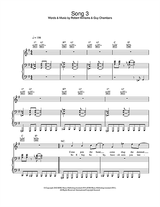 Preview Robbie Williams Song 3 Pop sheet music, notes and chords for Piano, Vocal & Guitar, SKU: 22033 sheet music, piano notes, chords, guitar tabs, score, transpose, transcribe, how to play, guide, download, learn, tutorial, progression, song, artist, awards, billboard, mtv, vh1, tour, single, album, release